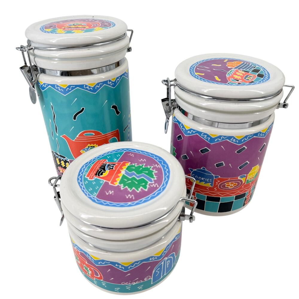 Vtg Chaleur Judith Geiger 1987 3Pc Ceramic Canister Set Postmodern Memphis Style